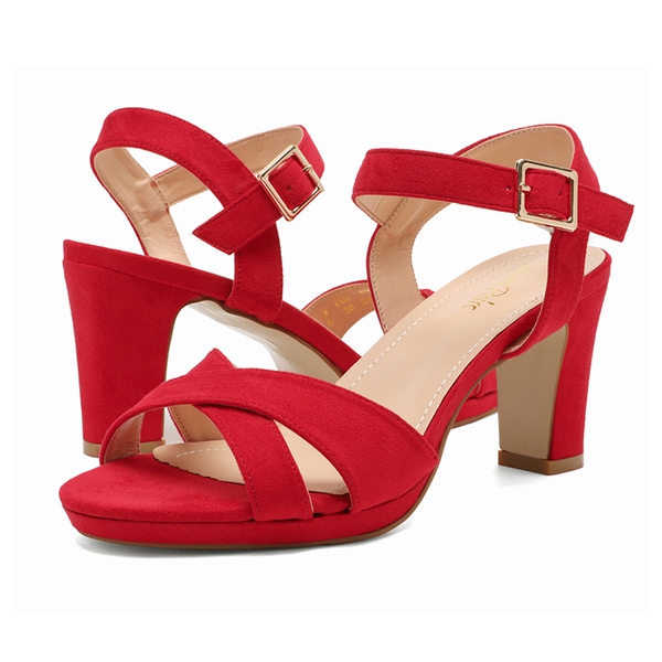 Chunky Heel Ankle Strap Sandals - RED SUEDE - 3